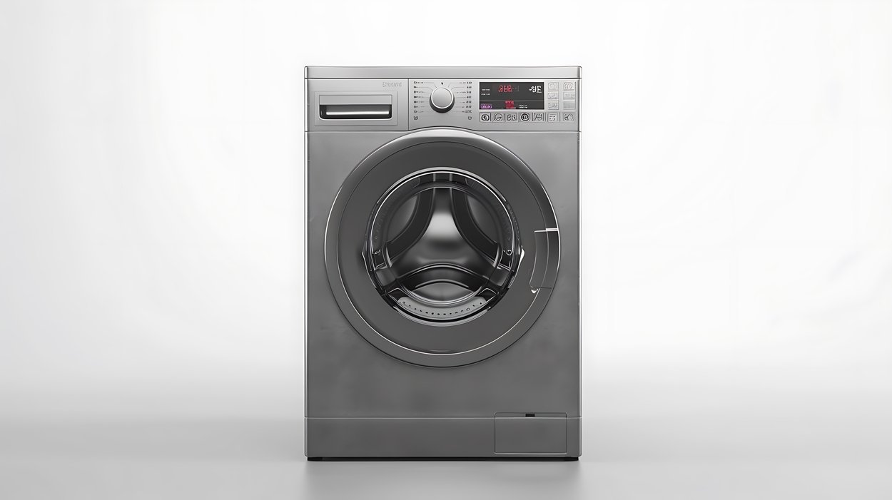 Máquina de lavar silenciosa do tipo front load, com acabamento em inox e painel digital.